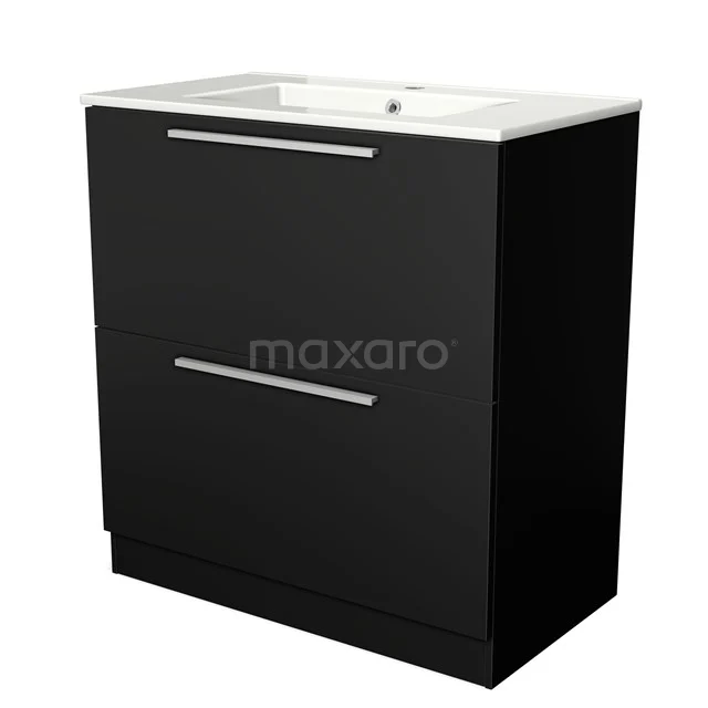 Zwarte badkamerkast met twee lades, keramische wastafel en strakke handgrepen, ideaal voor een moderne badkamerstijl.