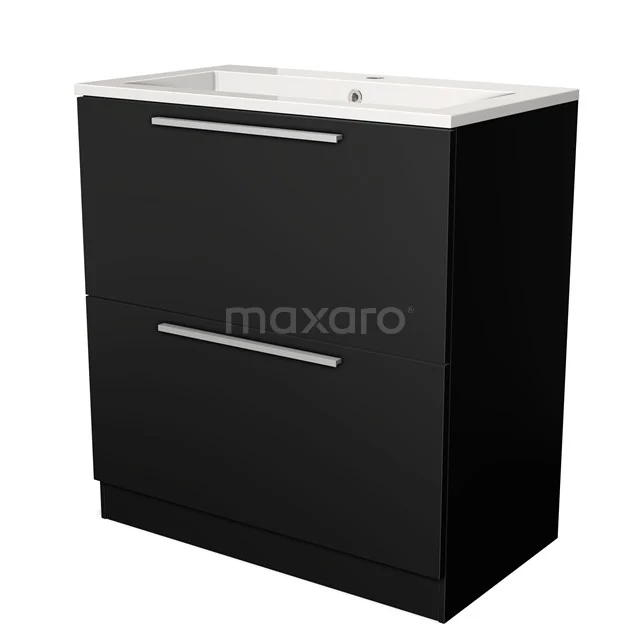 Zwarte badkamerkast met 2 lades, modern design en wit wastafelblad, ideaal voor een stijlvolle en functionele badkamer.