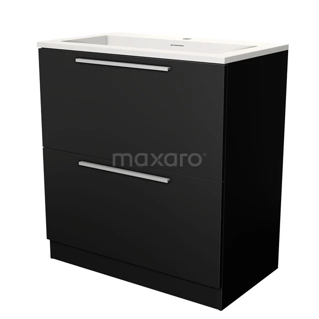 Zwarte badkamermeubel met een glanzend oppervlak, twee greeploze lades en een witte wastafel, perfect voor een moderne badkamer.