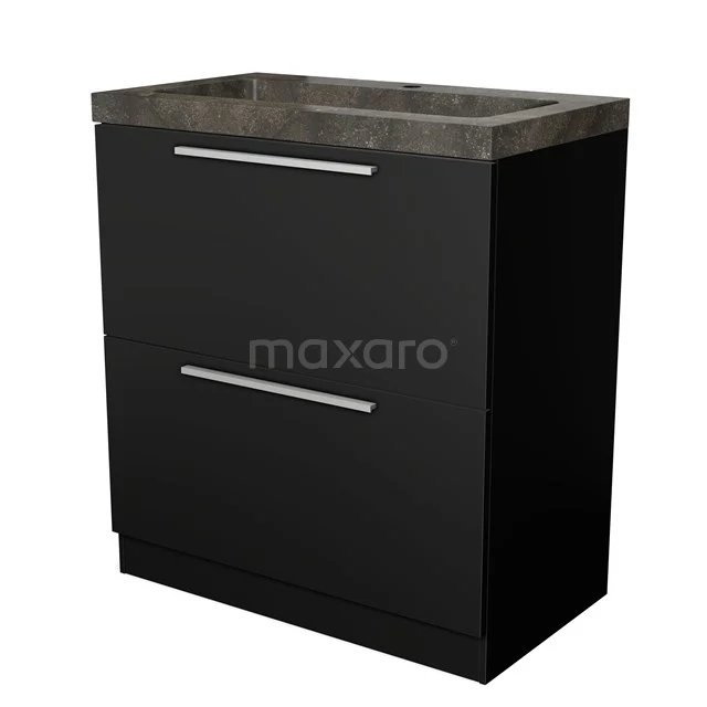 Zwart badkamermeubel met twee lades en een betonlook wastafelblad, strak design voor moderne badkamers.