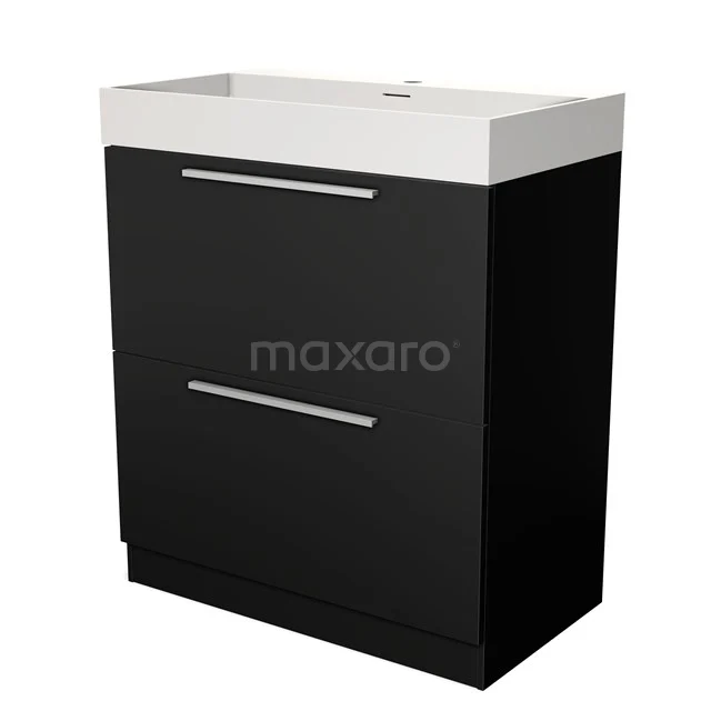 Zwart-wit badkamermeubel met 2 lades, strak design en chromen grepen, ideaal voor een moderne badkamerinrichting.