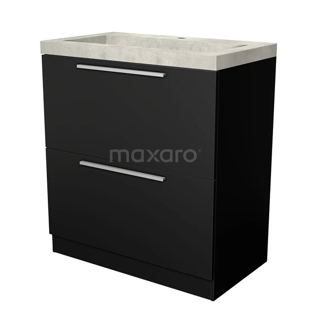 Zwart badkamermeubel met twee lades en keramische wastafel, strak ontwerp, ideaal voor moderne badkamers.