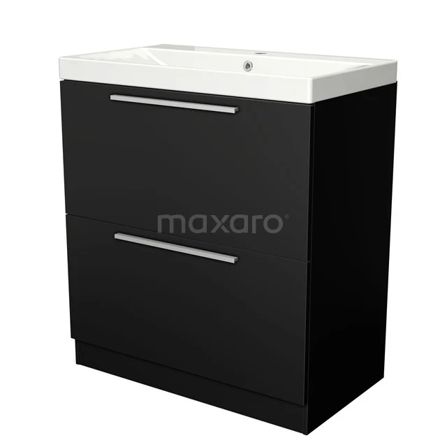 Zwarte badkamermeubel met twee lades en witte keramische wastafel, strak design ideaal voor moderne badkamers.