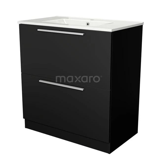 Zwarte badkamermeubel met witte wastafel, twee lades en strakke metalen grepen, modern ontwerp geschikt voor elke badkamerstijl.