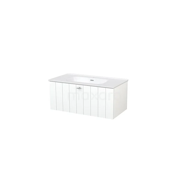White vanity units with basin, sleek design, wood effect panels, ideal for stylish bathroom storage.