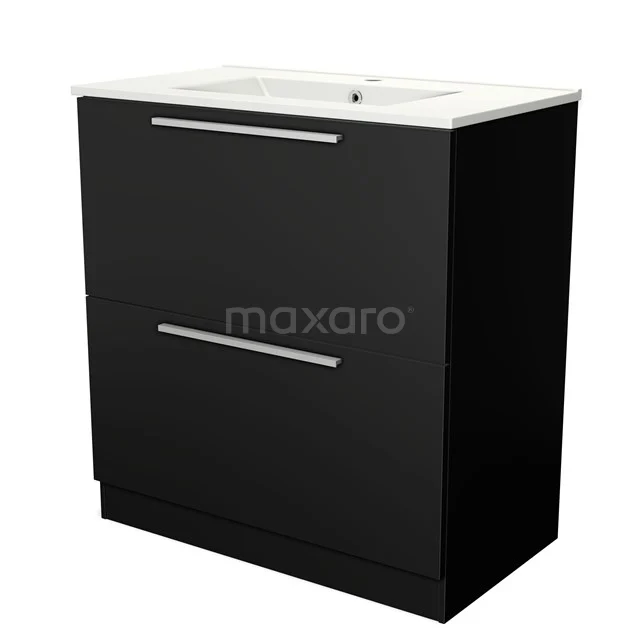 Black bathroom furniture set with glossy finish, ceramic sink and two wide drawers with chrome handles.