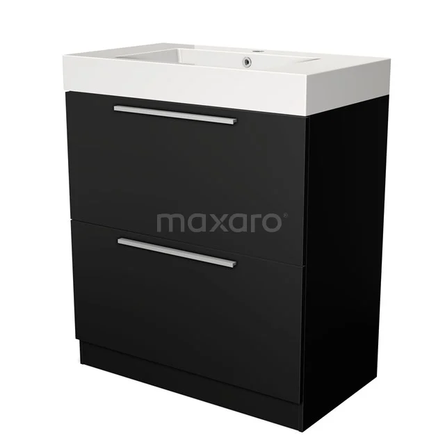 Zwarte badkamerkast met twee lades en witte wastafel, modern design, ideaal voor georganiseerde badkameropslag.