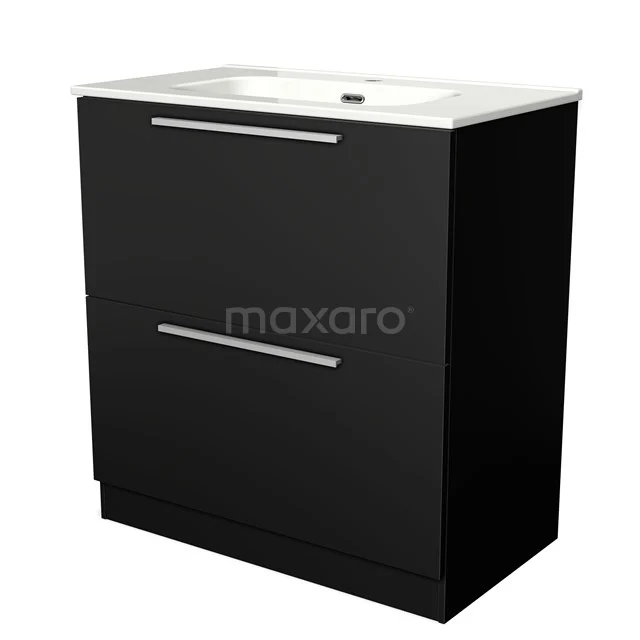 Schwarzes Badmöbel mit zwei Schubladen, modernes Design, ausgestattet mit weißer Keramik-Waschtischplatte.