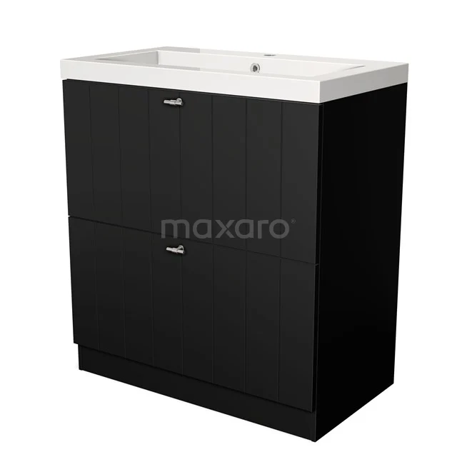 Black bathroom cabinet with built-in white basin, modern finish, two drawers and chrome handles.