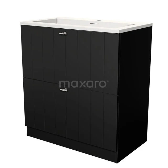 Black wooden bathroom unit with built-in white vanity units with basin, sleek design, two drawers and silver handles.