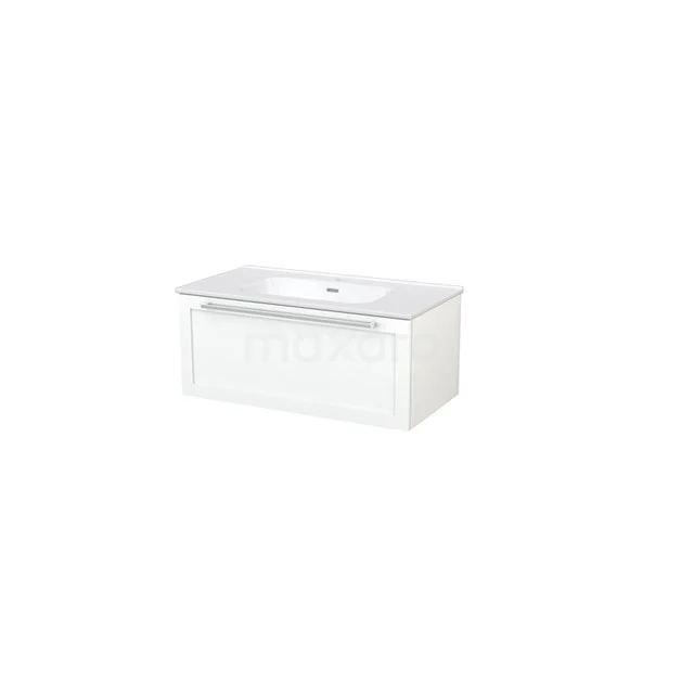 Modulo+ Vanity units with basin | 90 cm Matte white Frame front Ceramic 1 drawer BMP001643 White bathroom cabinet with built-in basin, rectangular design, high-gloss finish, ideal for stylish bathroom storage.