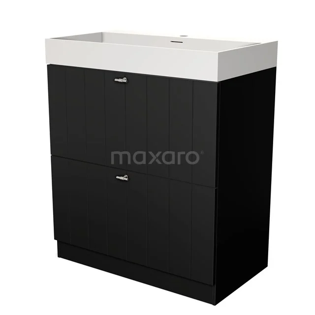 Black and white vanity unit with clean lines, two drawers and metal handles, perfect for a modern bathroom.