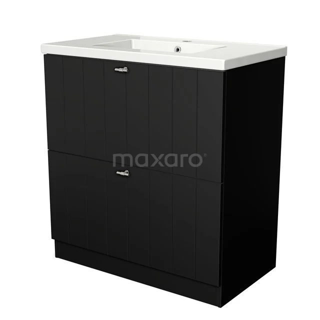 Modulo Bathroom furniture with sink | 80 cm Matte black Slat front Ceramic 2 high drawers standing drawers under each other BMW13S-00025 Black bathroom unit with two drawers and ceramic vanity units with basin, modern design, ideal for compact bathrooms.