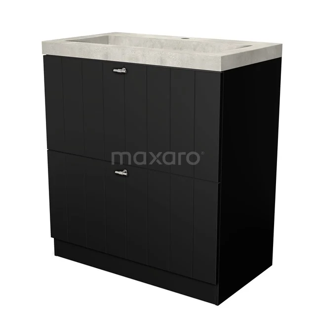 Black bathroom unit with two drawers and a light grey basin worktop, modern style, ideal for compact bathrooms.