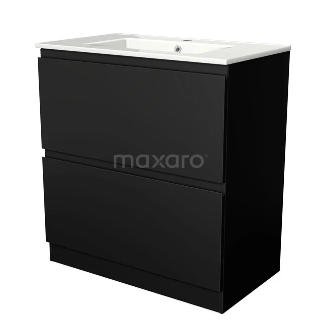 Zwart badkamermeubel met twee soft-close lades, keramische wastafel en modern design, ideaal voor stijlvolle badkamerindelingen.