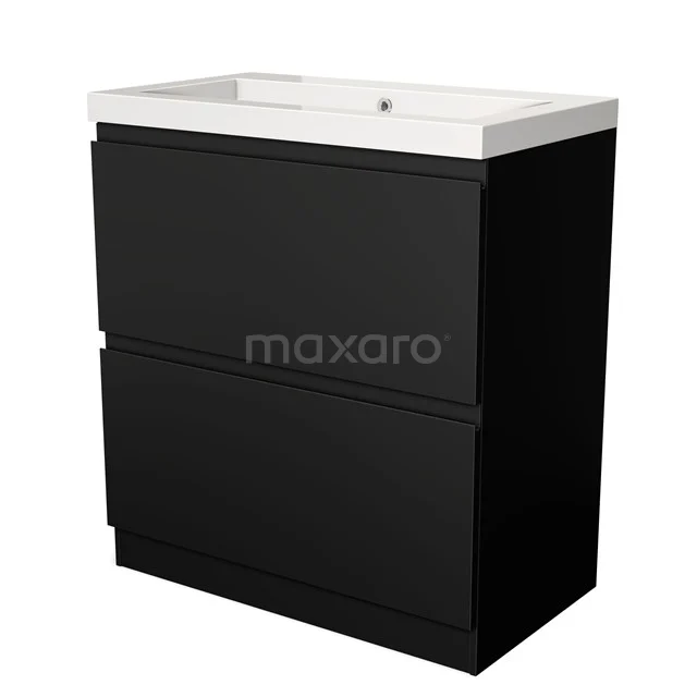 Zwarte badkamermeubelset met twee lades en witte wastafel van keramiek, ideaal voor een moderne badkamerinrichting.