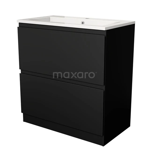 Zwart badkamermeubel met twee lades, keramische wastafel en strak design. Perfecte opberger voor een moderne badkamerstijl.