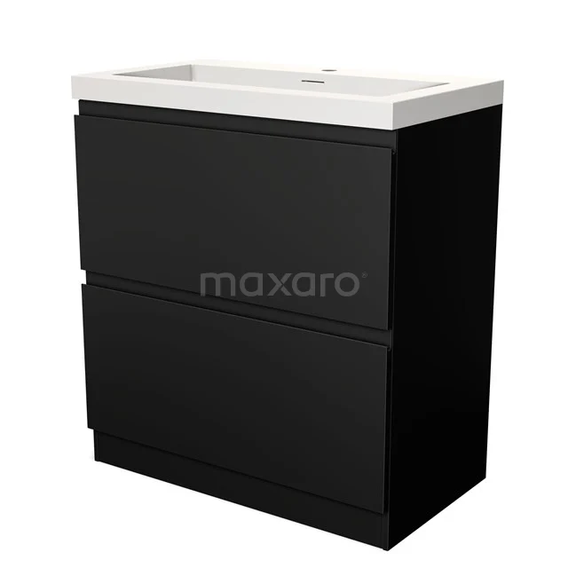 Black bathroom furniture set with two drawers, ceramic basin and sleek design; ideal for modern bathrooms.