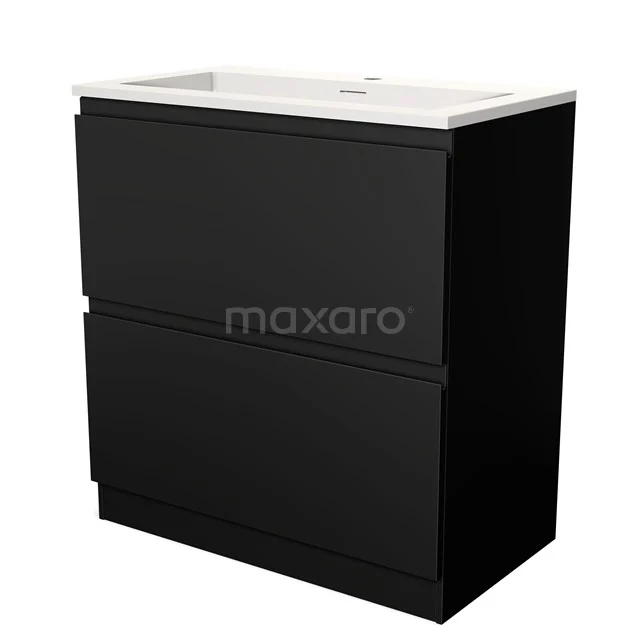 Zwarte badkamermeubelset met 2 lades en witte wastafel, strak design, perfect voor moderne badkamerinterieurs.