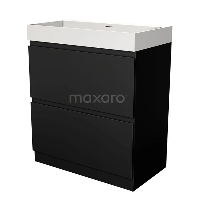 Zwarte badkamermeubelset met witte wastafel, strakke vormen en twee lades, ideaal voor moderne badkamerinrichtingen.