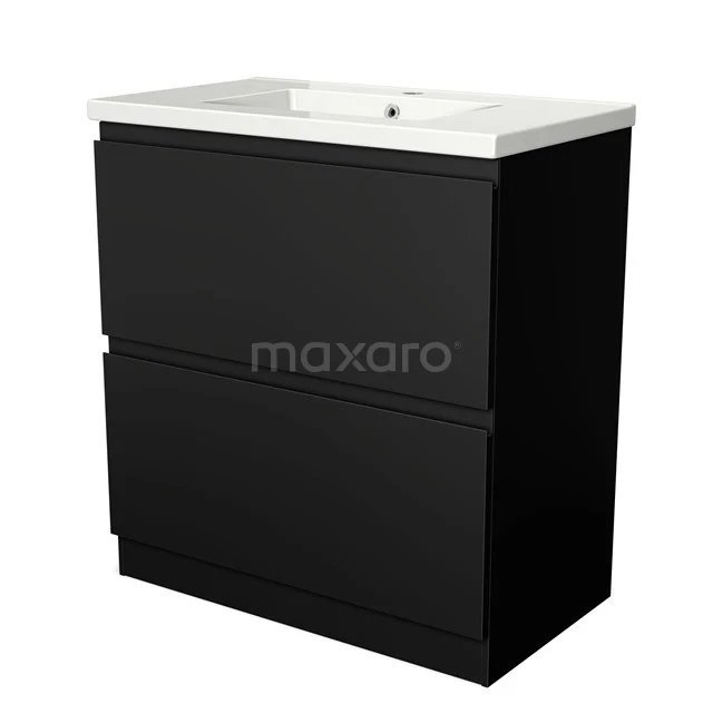 Modulo Bathroom furniture with sink | 80 cm Matte black Handle-less front Ceramic 2 high drawers standing drawers under each other BMW13S-00041 Black bathroom cabinet with two drawers and white ceramic basin, modern design from the Luxe series.