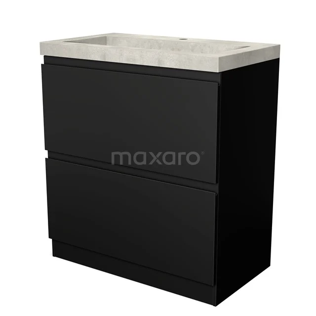 Black bathroom furniture set with two drawers and white marble sink, modern design made of durable materials.