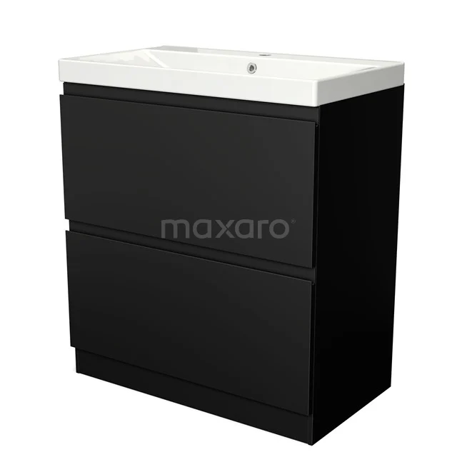 Zwarte badkamermeubelset met twee lades, wit keramisch wastafelblad, modern design voor een stijlvolle badkamerruimte.