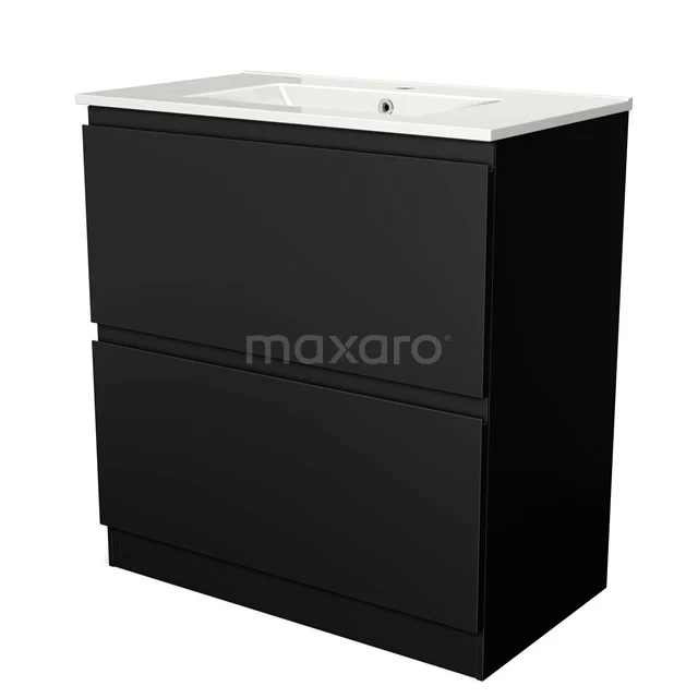 Black bathroom unit with white vanity units with basin, sleek design, two drawers and modern matte black finish.