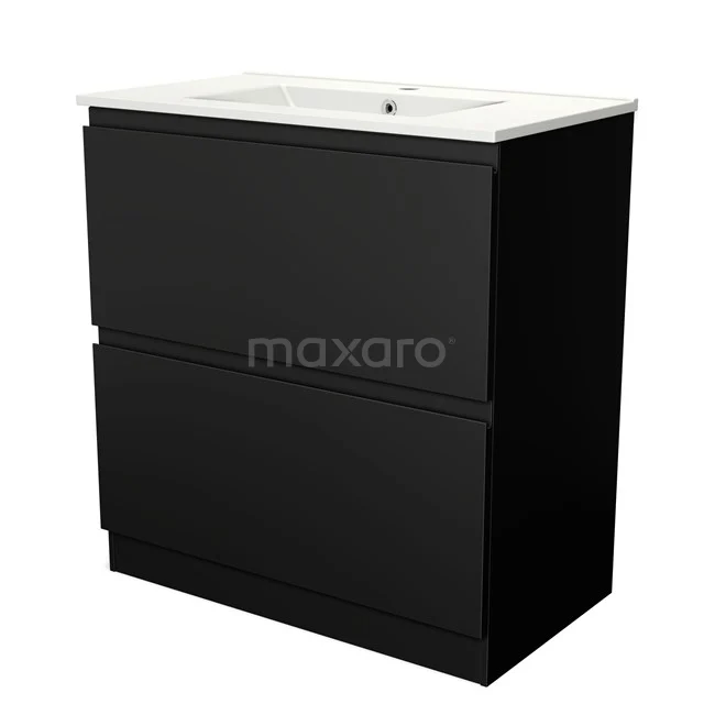 Black bathroom unit with two drawers, matt finish, including white vanity units with basin; modern and sleek look.