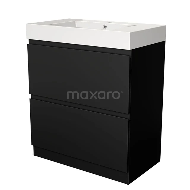 Schwarze Badmöbelset mit zwei Schubladen und einem weißen keramischen Waschbecken, elegantes Design, ideal für moderne Bäder.