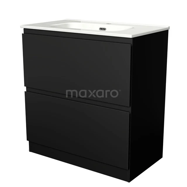 Zwarte badkamermeubelset met twee lades, glanzend afwerking en geïntegreerde witte wastafel. Modern badkamerdesign.