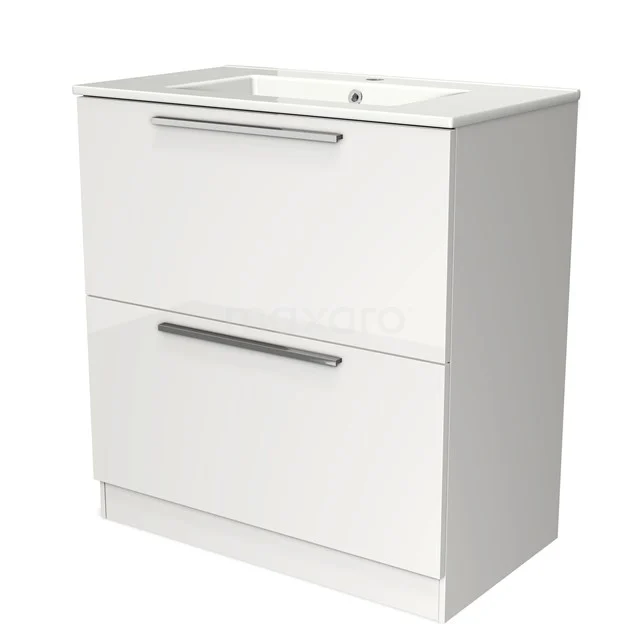 Wit badkamermeubel met twee lades, glanzende afwerking en metalen handgrepen, ideaal voor moderne badkamerruimtes.