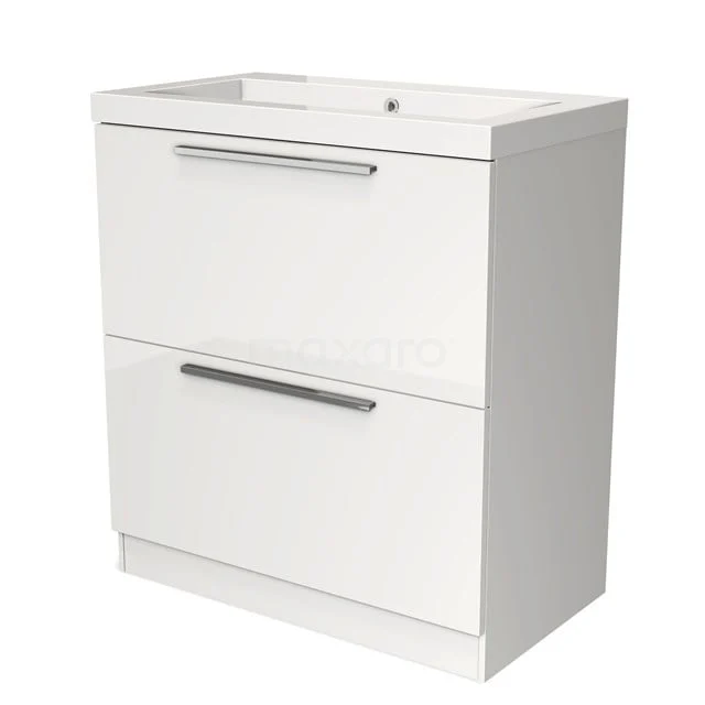 White bathroom unit with two drawers, sleek handles and ceramic basin, perfect for modern bathroom design.