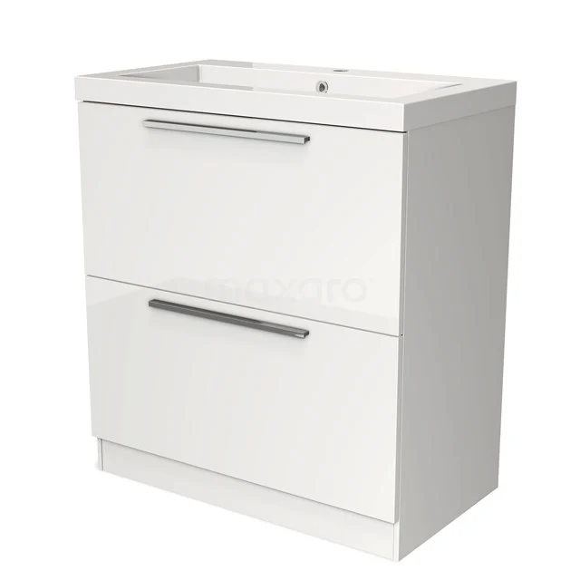Wit badkamermeubel met twee lades, slanke metalen handgrepen en geïntegreerde wastafel; moderne en functionele vormgeving.