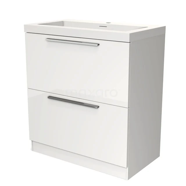 Wit badkamermeubel met twee lades, strakke metalen grepen en een glanzende afwerking, perfect voor elke moderne badkamer.