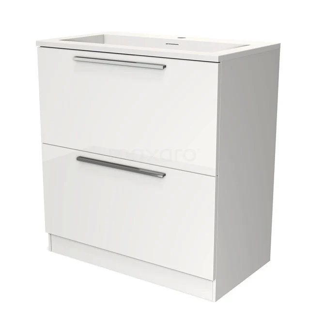 Witte badkamermeubel met 2 lades, chromen handgrepen en een keramische wastafel, strak en modern design.