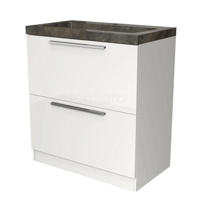 Weißes Badezimmermöbel mit zwei Schubladen und einer anthrazitfarbenen Waschtischplatte, modernes Design geeignet für moderne Bäder.