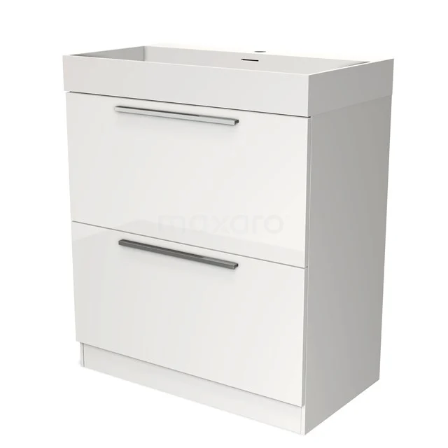 White bathroom cabinet with two drawers, slim metal handles and modern design, ideal for contemporary bathrooms.