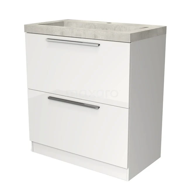 Witte badkamerkast met twee lades en een keramische wastafel, modern design en strak afgewerkt met zilverkleurige handgrepen.