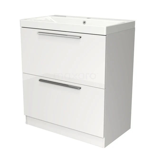 Wit wastafelmeubel met twee lades, strak design en metalen handgrepen, perfect voor een moderne badkamer inrichting.