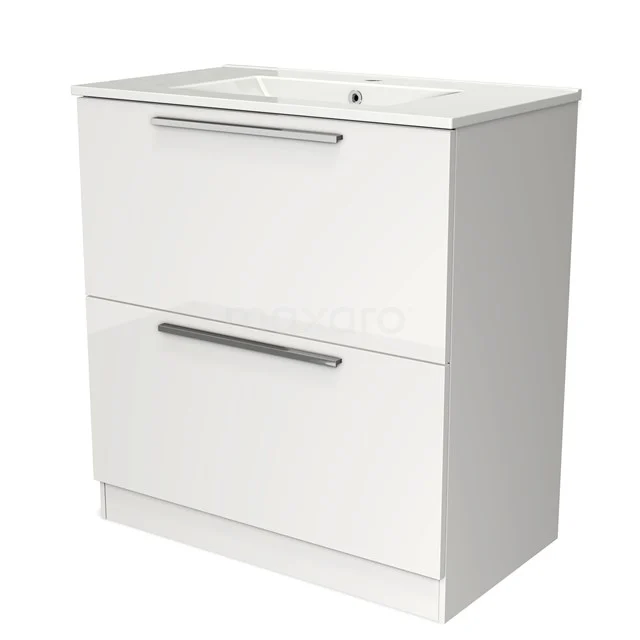 Wit badkamermeubel met keramische wastafel, twee lades met metalen handgrepen, ideaal voor moderne badkameropslag.
