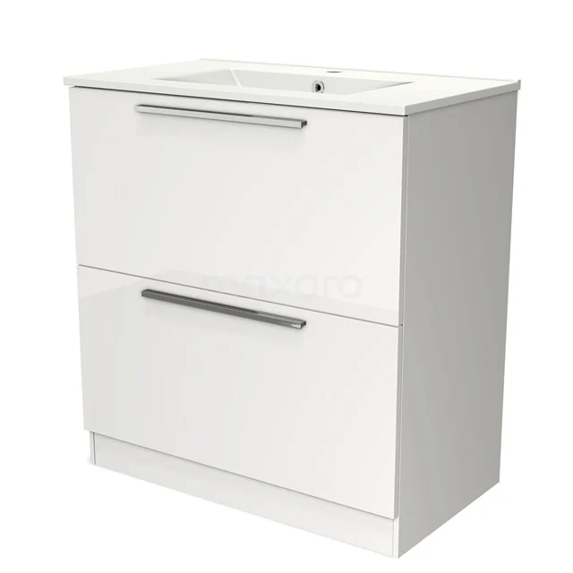 Weißes Badezimmermöbel mit zwei Schubladen, metallischen Griffen und keramischem Waschbecken, modernes Design geeignet für jeden Badezimmerstil.