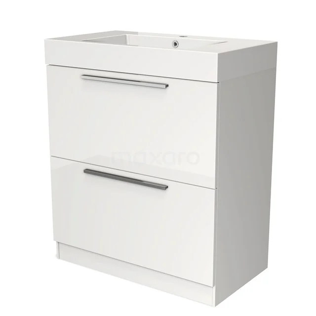 Weißer Badschrank mit zwei Schubladen, ausgeführt in Hochglanz mit integriertem Waschbecken und modernen chromfarbenen Haltegriffen.