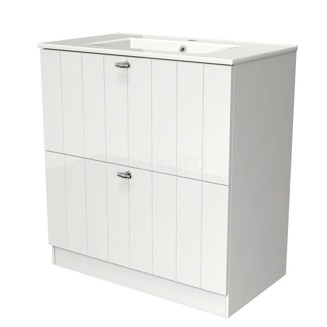 White bathroom cabinet with sink, wood-look panels and silver handles, ideal for stylish bathroom storage.