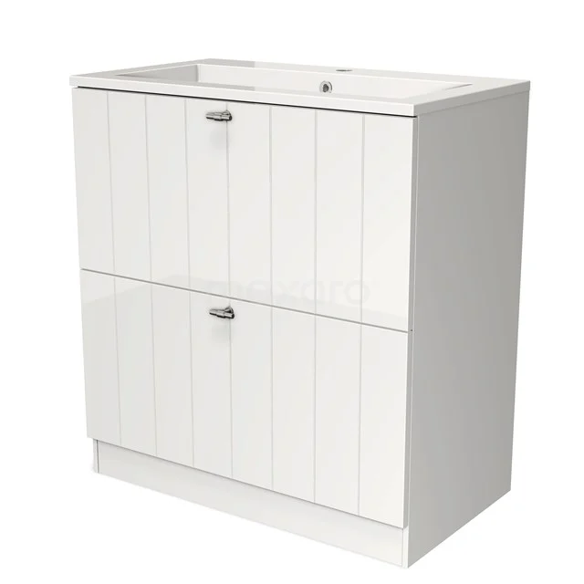 White wooden bathroom unit with double drawers, vertical panels and built-in vanity units with basin, perfect for modern bathrooms.