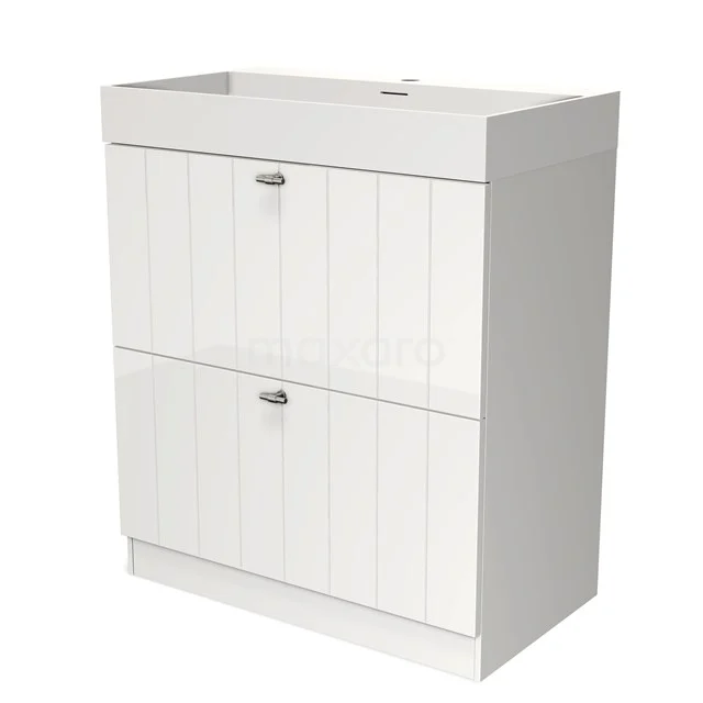 Modulo Vanity units with basin | 80 cm High-gloss white Slat front Solid surface 2 high drawers standing drawers under each other BMW13S-00072 White wooden bathroom cabinet with two doors, featuring vertical grooves, ideal for storing bathroom items.