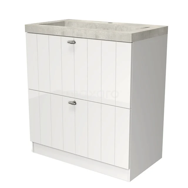 Weißer Holz-Badschrank mit zwei Schubladen und einer grauen Marmor-Waschtischplatte, ideal für stilvolle Badezimmerlagerung.