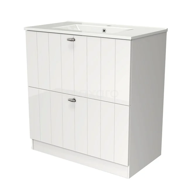 Modulo Bathroom furniture with sink | 80 cm High-gloss white Slat front Ceramic 2 high drawers standing drawers under each other BMW13S-00077 White wooden bathroom unit with two drawers, built-in basin and ribbed pattern; stylish and functional.