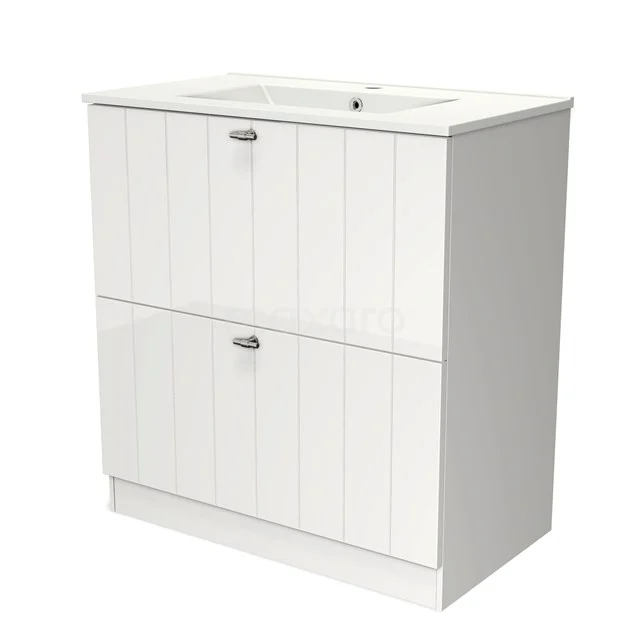 Modulo Vanity units with basin | 80 cm High-gloss white Slat front Ceramic 2 high drawers standing drawers under each other BMW13S-00078 White Bathroom unit with wood grain pattern, double drawers and integrated vanity units with basin, ideal for a modern and practical bathroom.