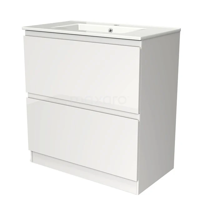 Modulo Bathroom furniture with sink | 80 cm High-gloss white Handle-less front Ceramic 2 high drawers standing drawers under each other BMW13S-00081 White bathroom unit with two spacious drawers, made of durable materials and suitable for modern washbasin arrangements.